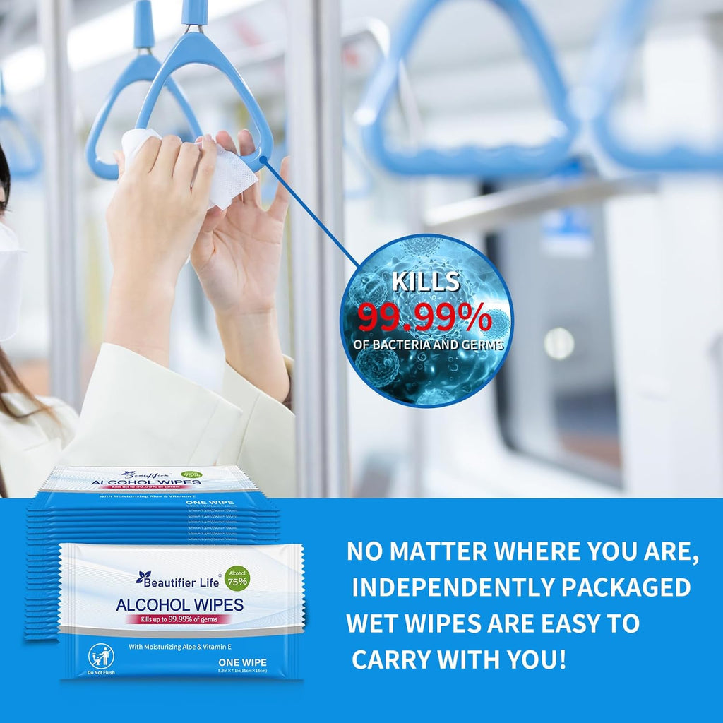100 Count Individually Packed Hand Sanitizing Wipes - 75% Alcohol Formula with Aloe, Moisturizer