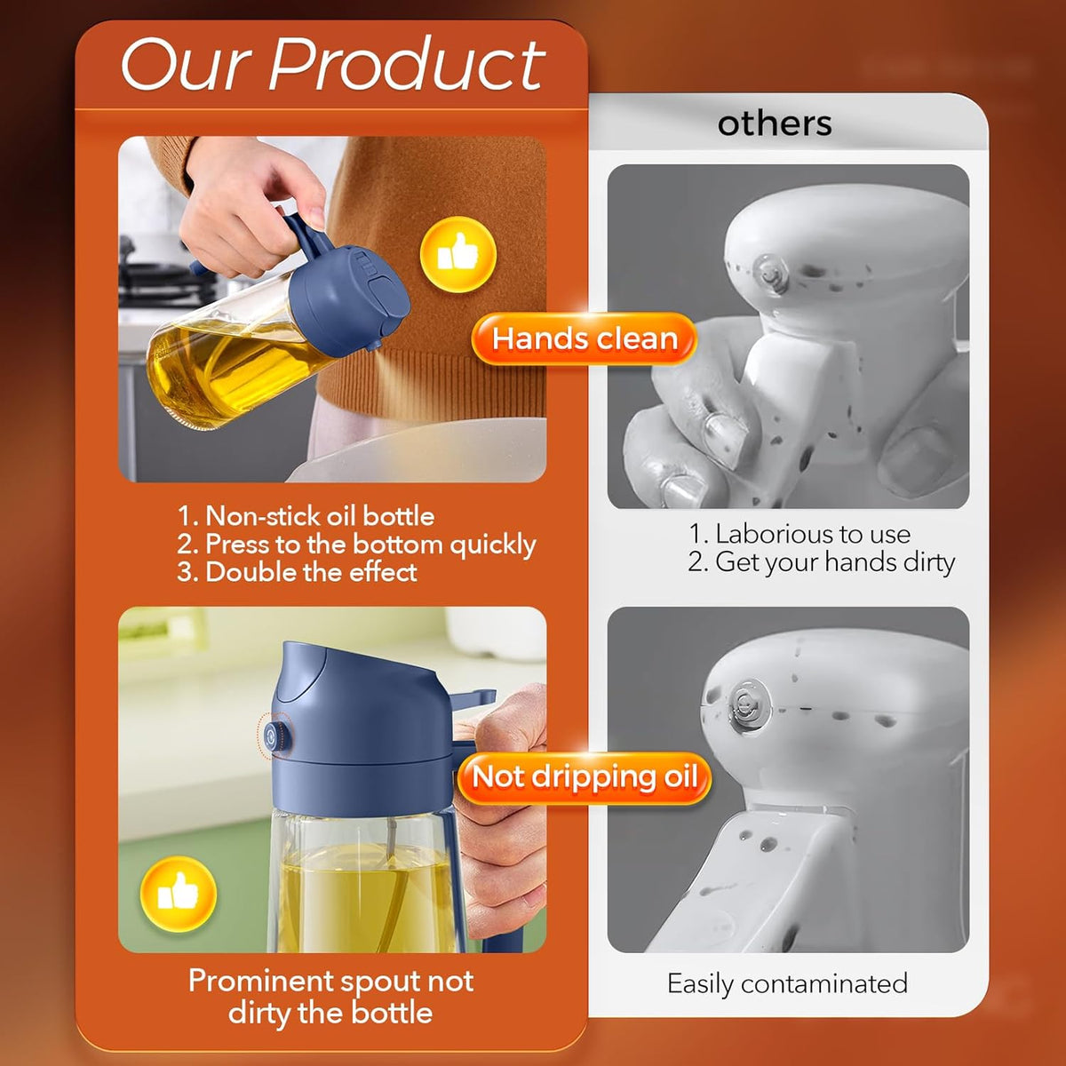 YARRAMATE 2Pcs 16oz/470ml Glass Olive Oil Sprayer for Cooking with Stickers, 2 in 1 Oil Dispenser
