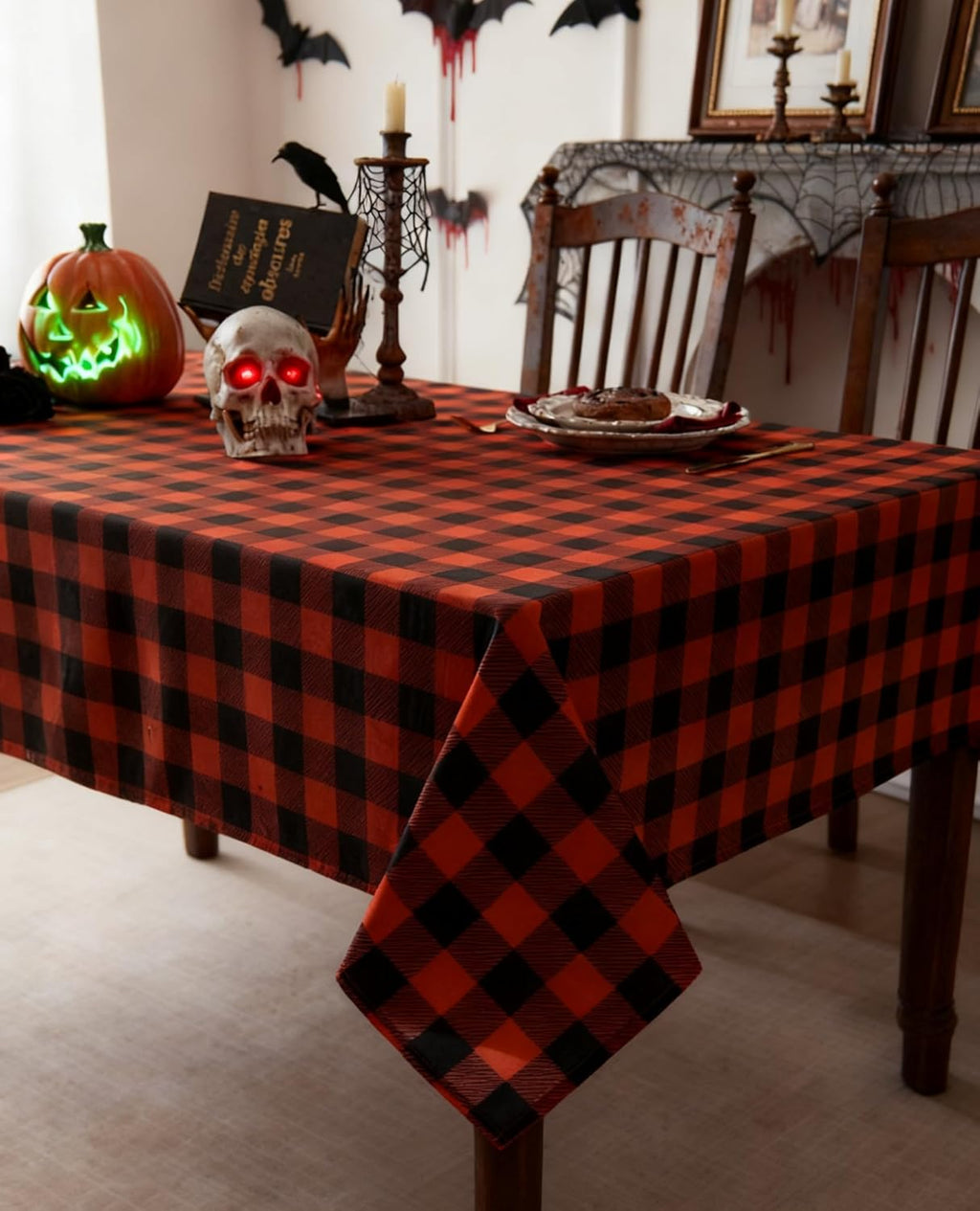 Gingham Plaid Tablecloth - Rectangular 58x102 Inch Water Resistant Halloween Decorations Table