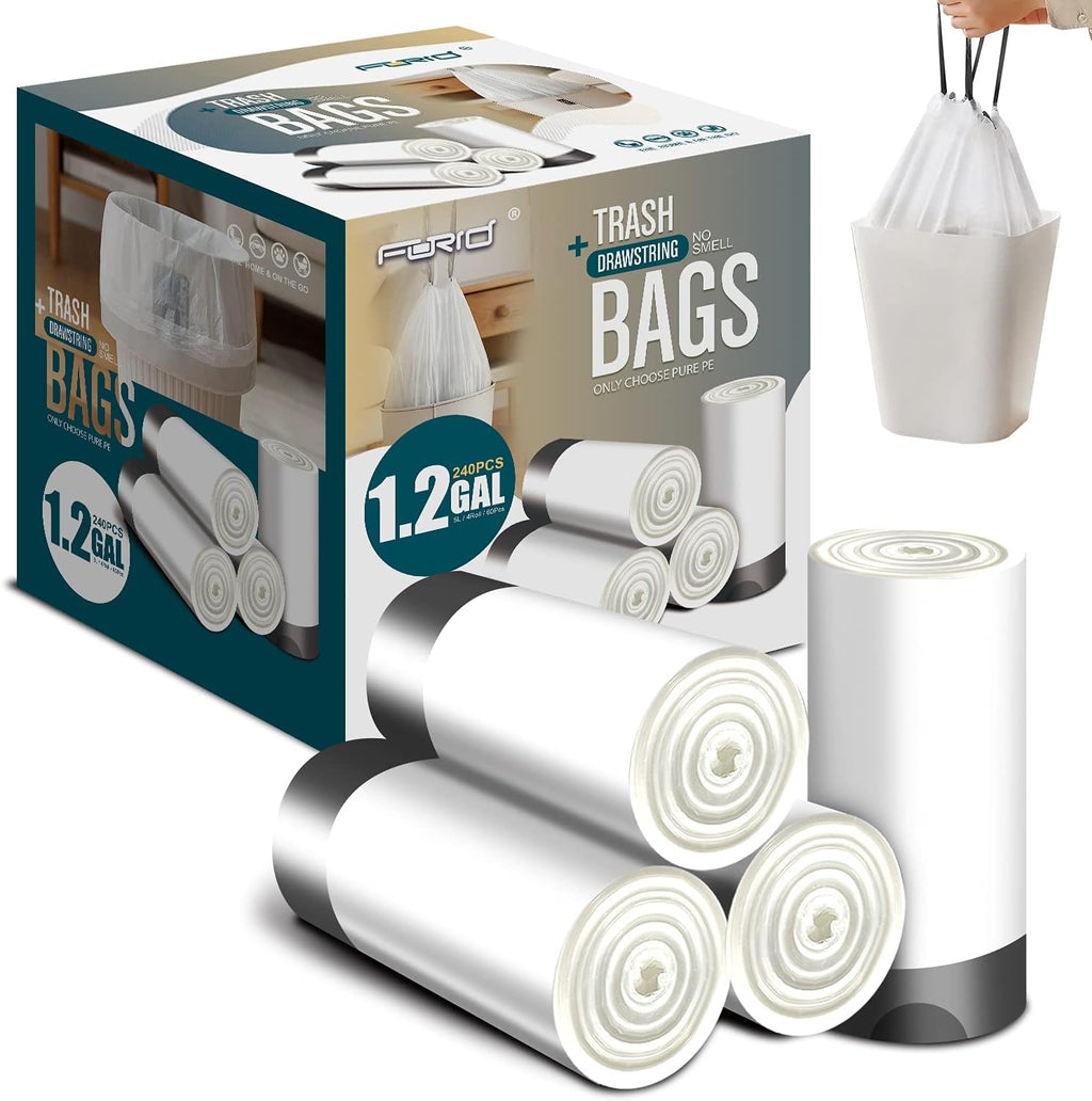 FORID Mini Drawstring Trash bags - 1.2 Gallon White Plastic Garbage Bags 240 Count Small Can Liners
