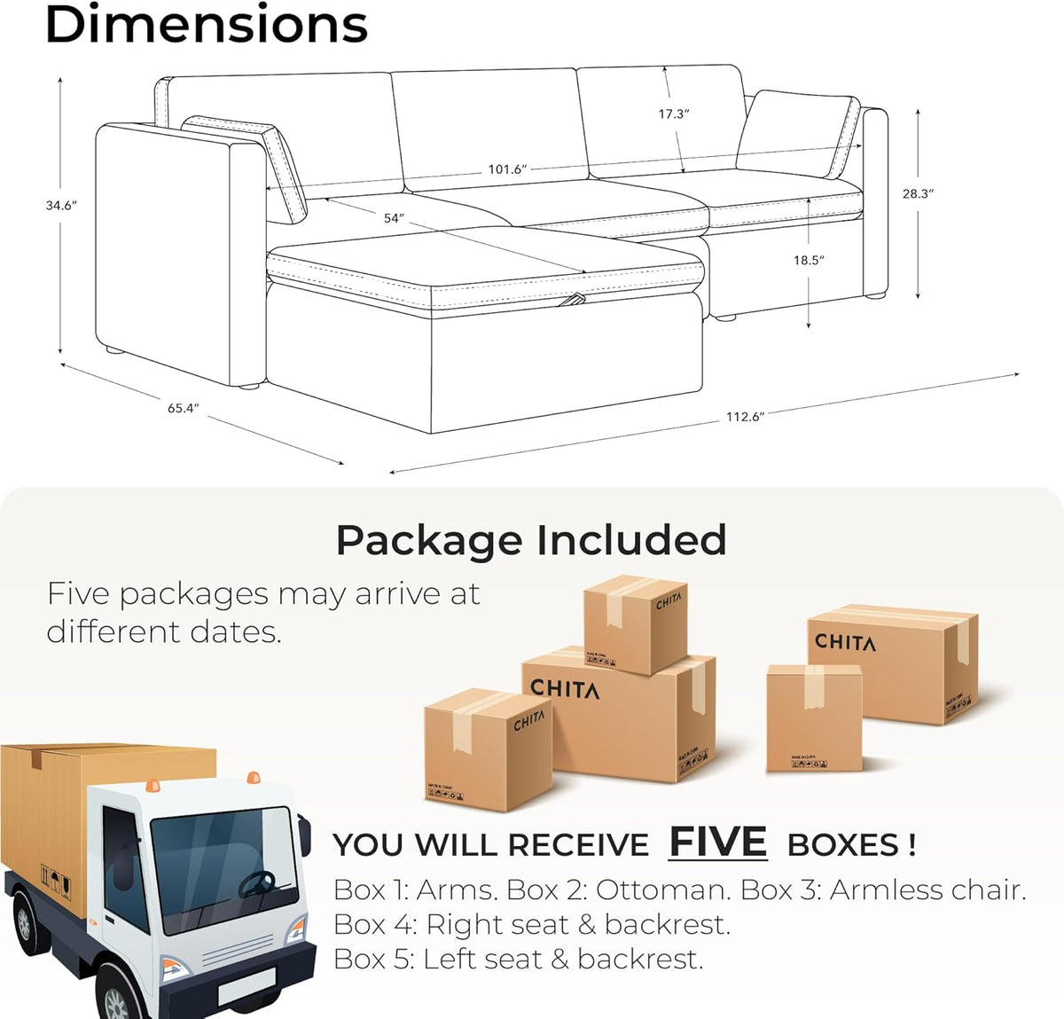 CHITA Modular Sectional Sofa, FSC Certified L Shaped Cloud Couch, Modular Sectional Couch, 112 inch