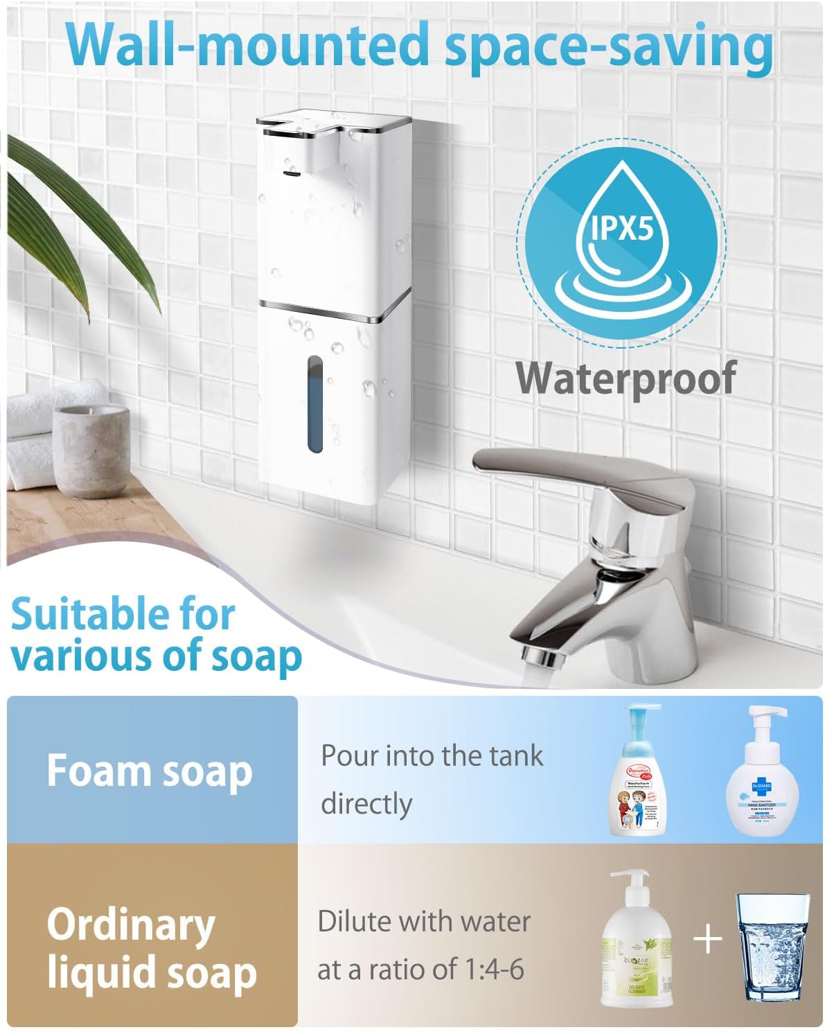 Automatic Foaming Soap Dispenser Touchless 380ml/12.8oz Rechargeable Hand Soap Dispenser Wall