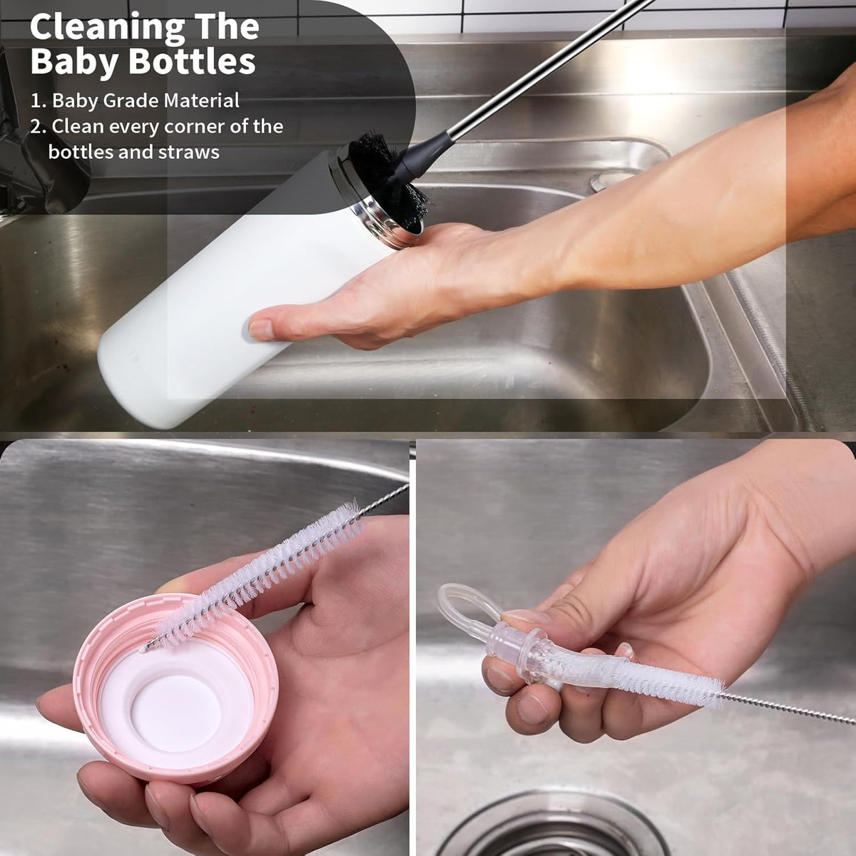4 Pack Water Bottle Brushes with Straw Cleaner, Stainless Steel Handle Baby Bottle Brush Cleaner