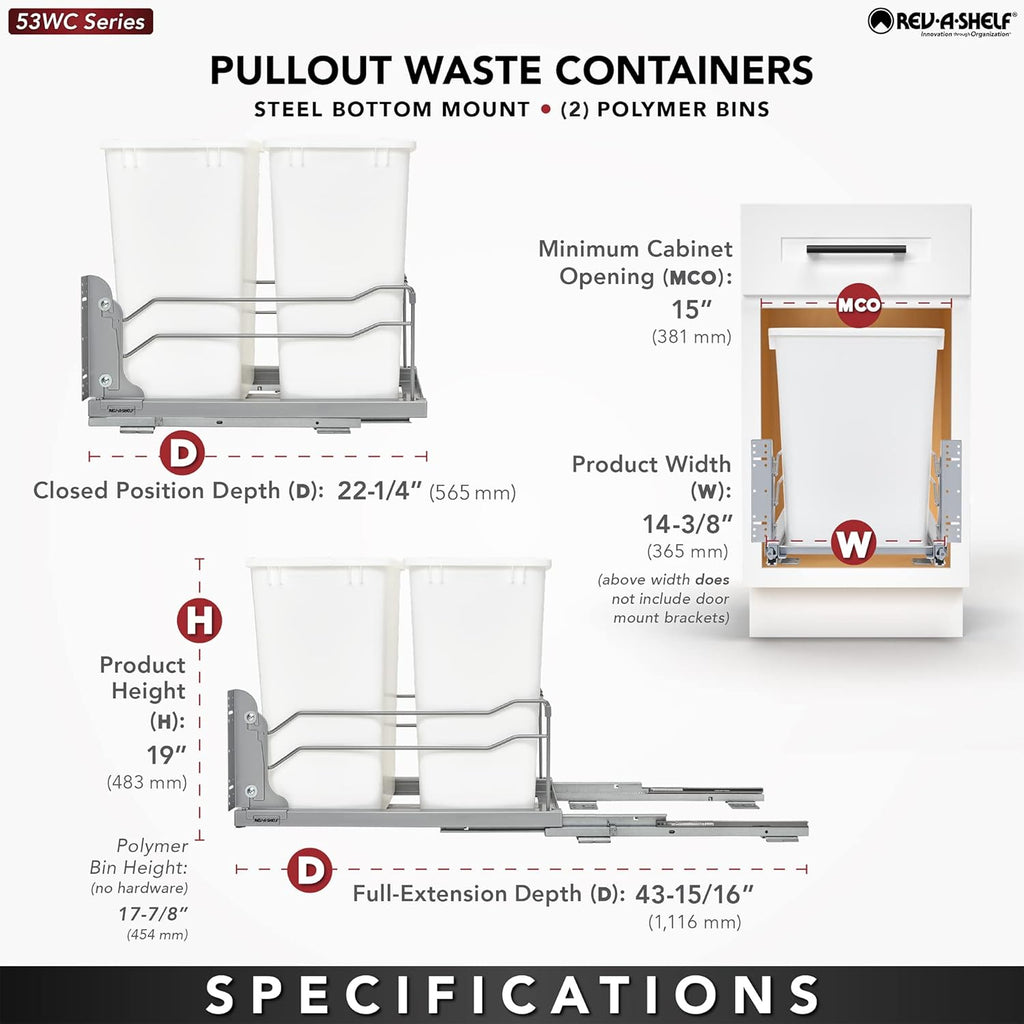 Rev-A-Shelf Double Pullout Trash Cans for Under Kitchen Cabinets 35 Quart 8.75 Gallon with