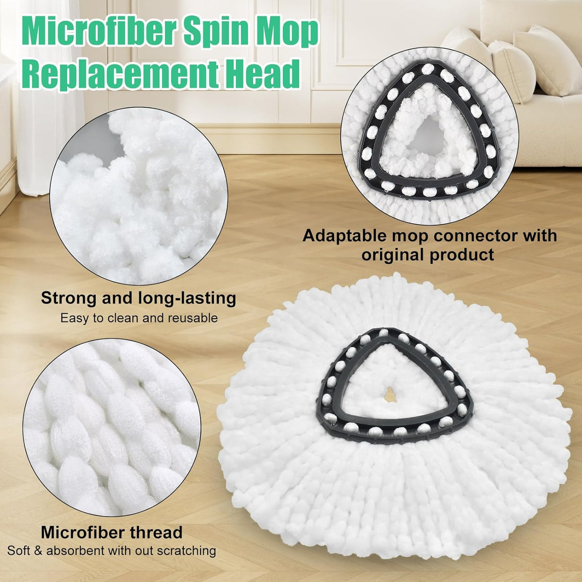 Spin Mop Heads Replacements for O Ceda EasyWring 1-Tank System, 2 Microfiber Mop Head Refills