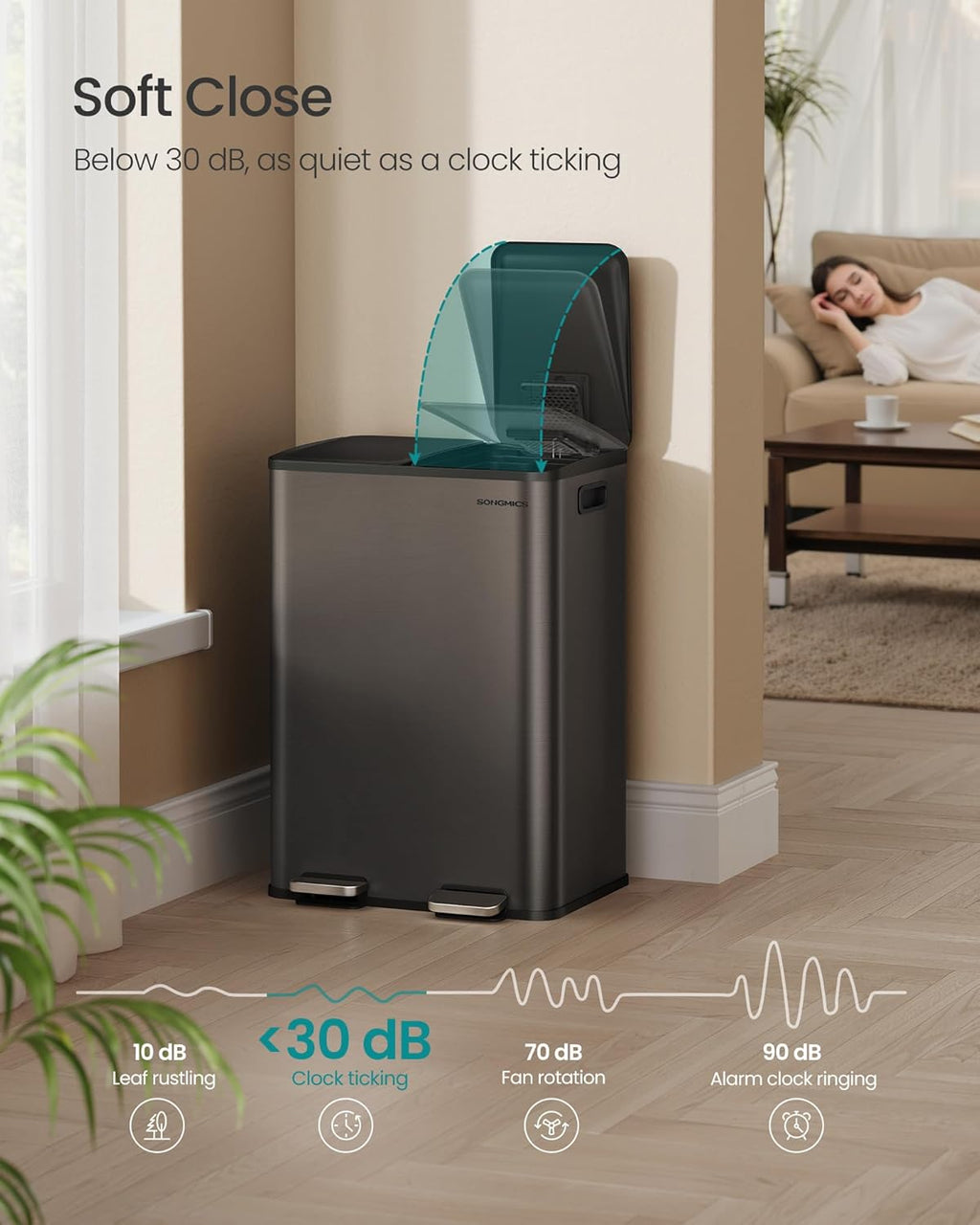 SONGMICS Trash Can, 2 x 8 Gallon (2 x 30 L) Dual-Compartment Garbage Can with Soft-Close Lid, Pedal