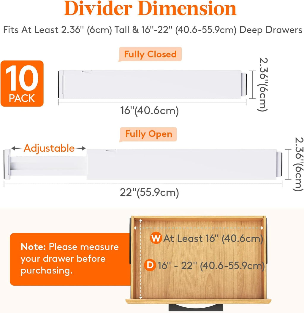 Lifewit 10 Pack Kitchen Drawer Dividers 2.36" High, 16"-22" Adjustable Drawer Organizer for