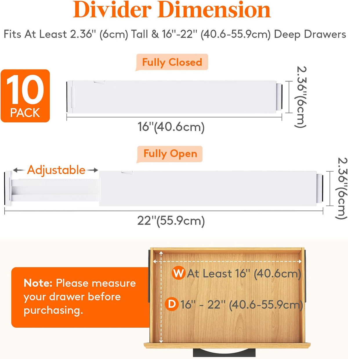 Lifewit 10 Pack Kitchen Drawer Dividers 2.36" High, 16"-22" Adjustable Drawer Organizer for