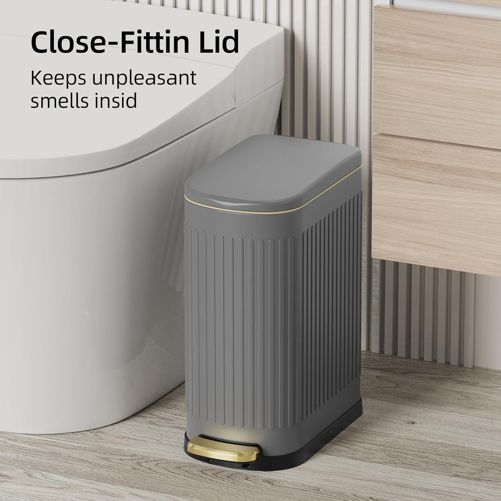 KUK Slim Bathroom Trash Can with Lid, 2.6 Gallon (10 L) Stainless Steel Step Small Garbage Can with
