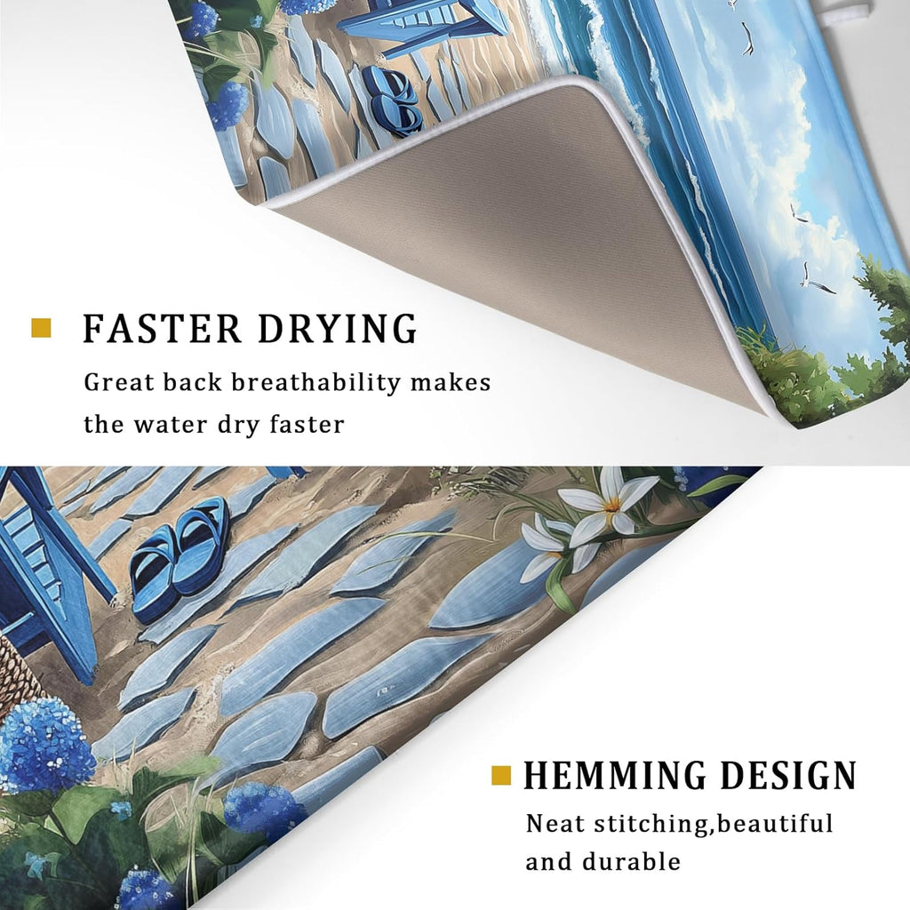 Summer Beach Dish Drying Mat 18x24 Inch Sea Shells Flowers Kitchen Mats Blue Microfiber Absorbent