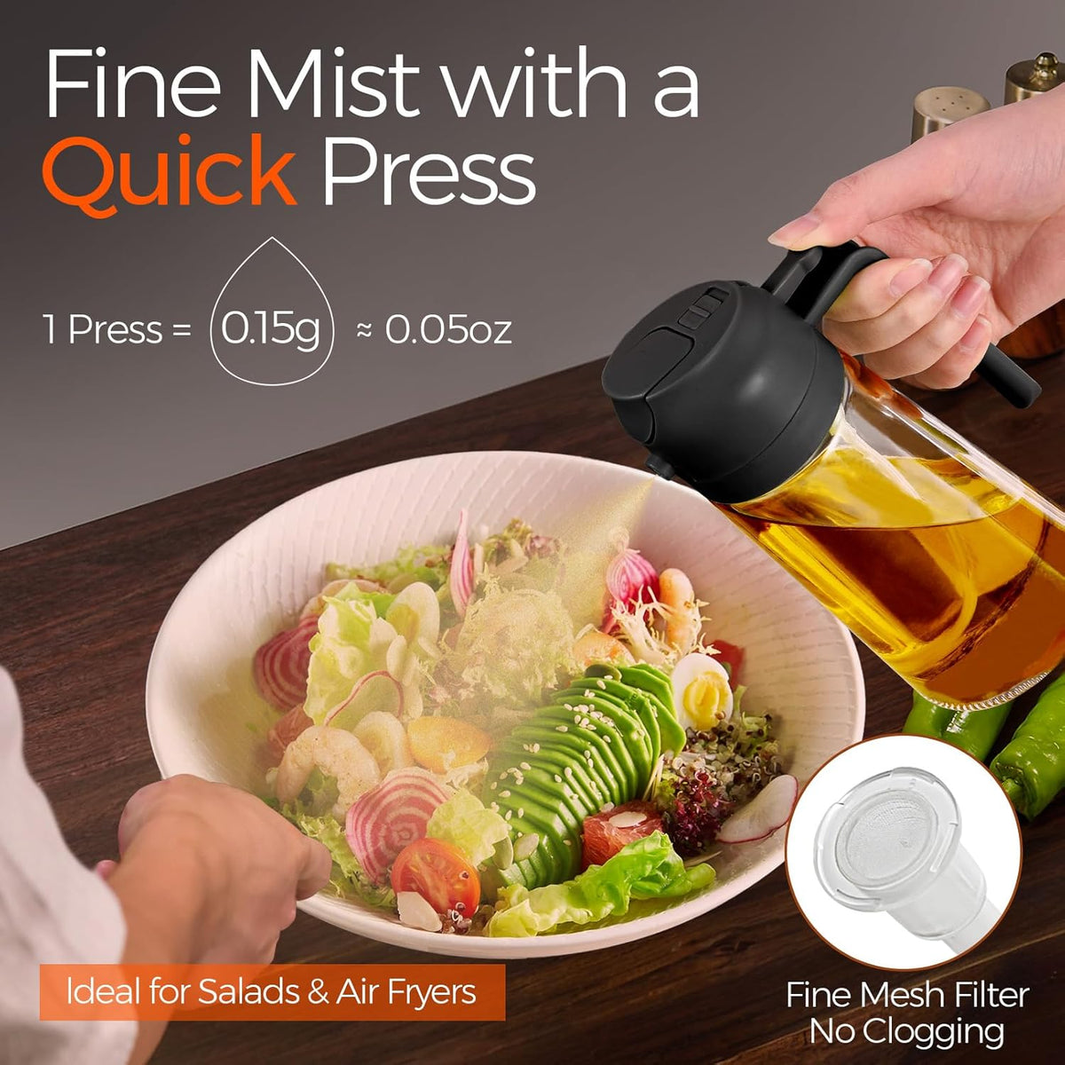 YARRAMATE Olive Oil Dispenser, 2 in 1 Oil Sprayer for Cooking, 16oz/470ml Glass Oil Spray Bottle