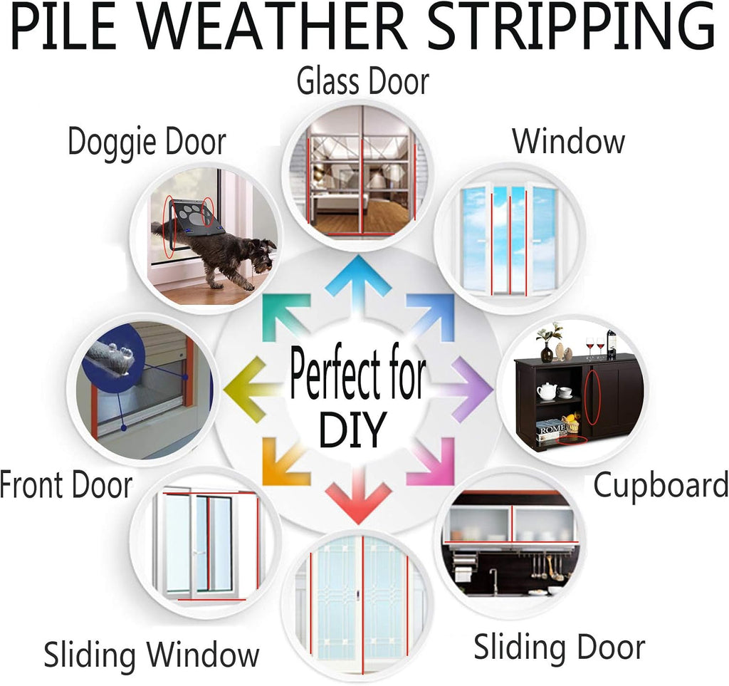 Felt Pile Weather Stripping Brush for Sliding Windows/Doors Frame Side, Self Adhesive Weatherstrip
