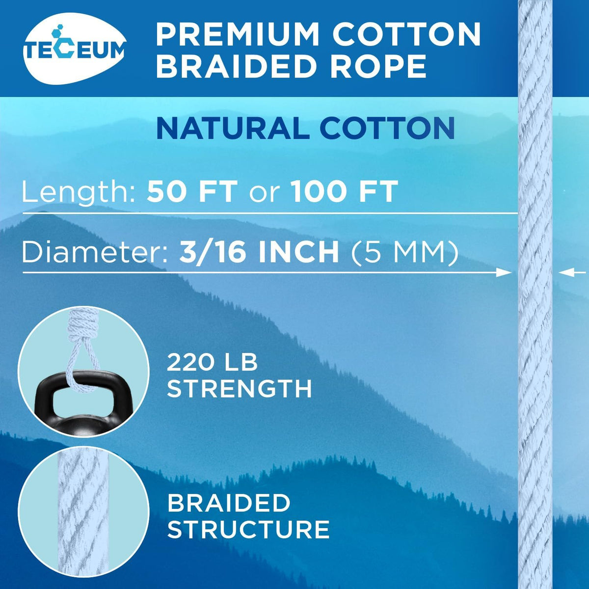TECEUM Cotton Rope 3/16” (5 mm) – 50 FT – Strong All-Purpose Braided Rope – Natural Cotton – for
