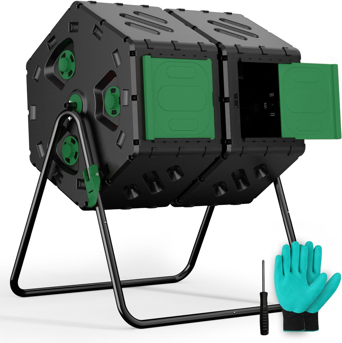 Compost Tumbler 45 Gallon/170L, Easy-Assemble Dual Chamber Compost Bin Outdoor, 360°Rotating Large