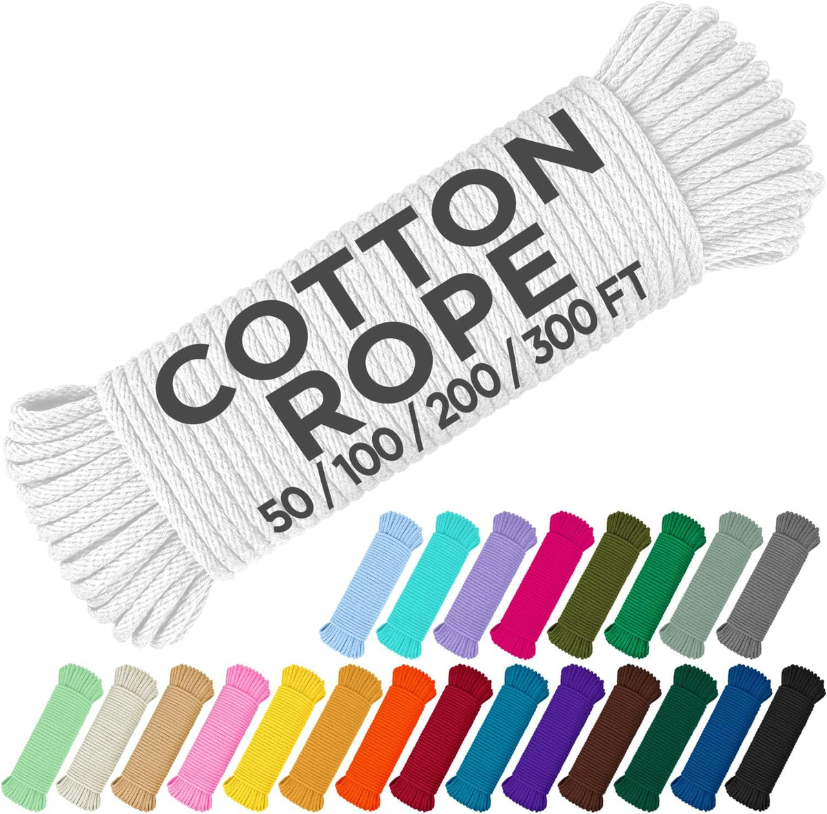 TECEUM Cotton Rope 3/16” (5 mm) – 100 FT – Strong All-Purpose Braided Rope – Natural Cotton – for
