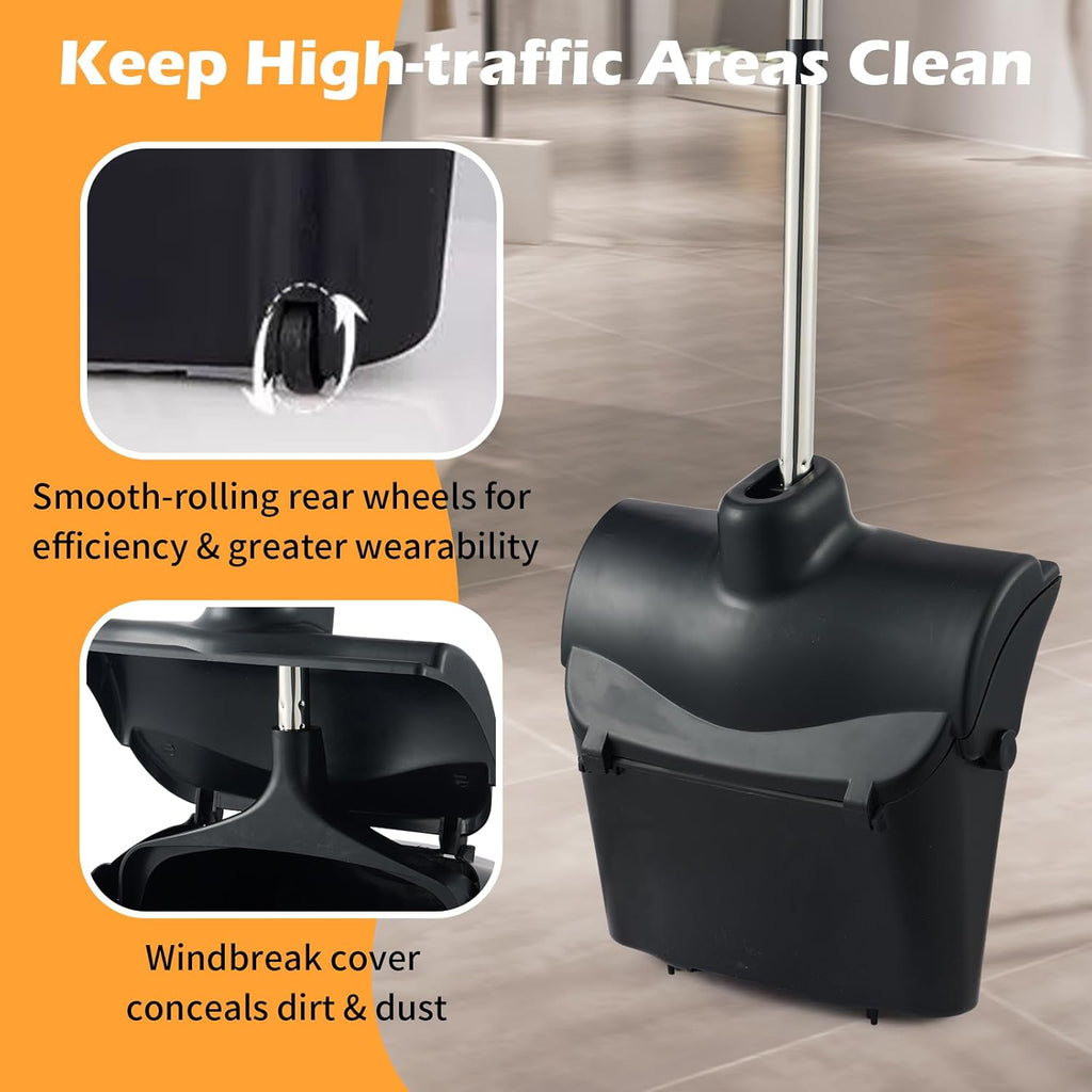 Outdoor Broom and Dustpan Set with Long Handle, Commercial Upright Standing Dust Pan with Windbreak