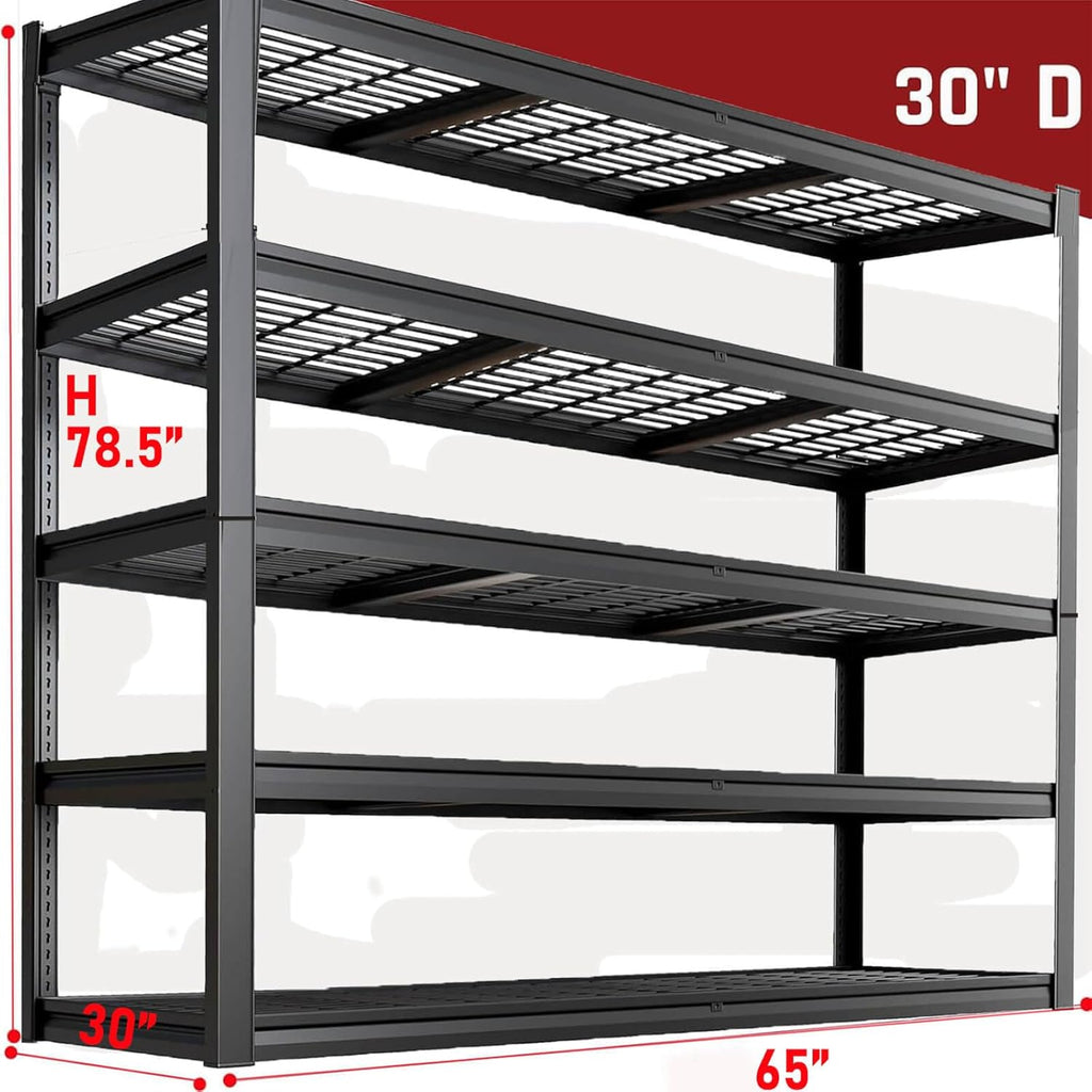 65" W Garage Shelving Heavy Duty, 5 Tier Garage Shelves, 30" D Adjustable Storage Shelving Unit