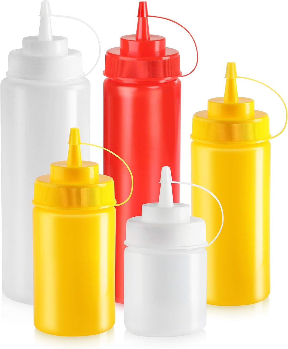 New Star Foodservice 26528 Plastic Squeeze Bottles with Cap and Scale, Wide Mouth, 16 oz, Yellow