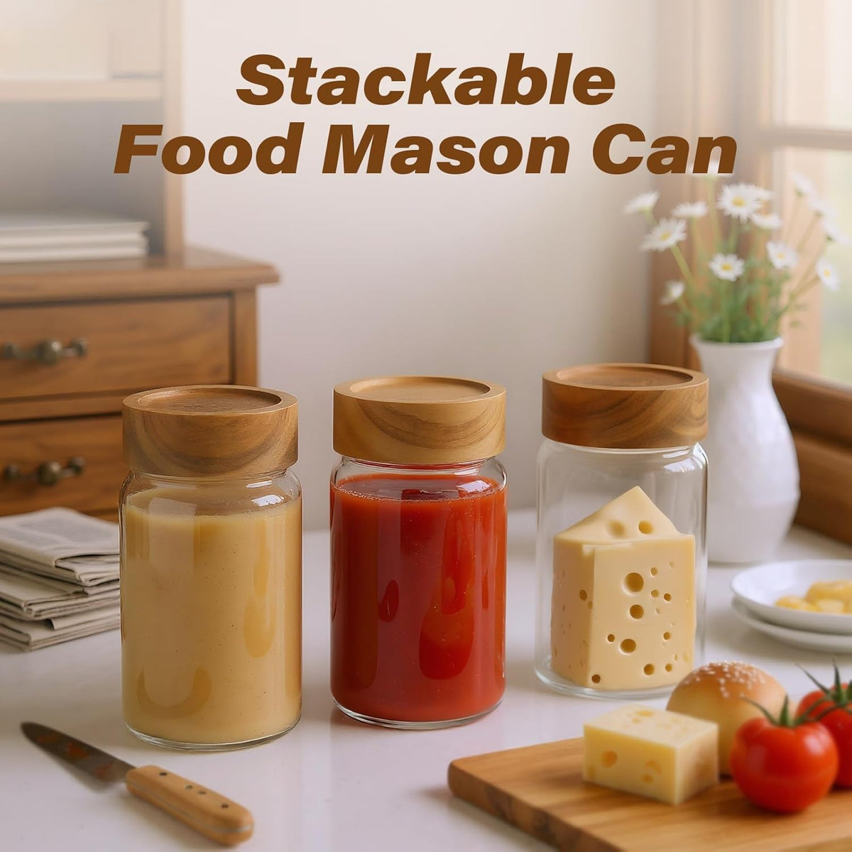 6-Pack 10 oz Airtight Food-Grade Glass Mason Jars with Acacia Wood Lids - Sealable, Waterproof &