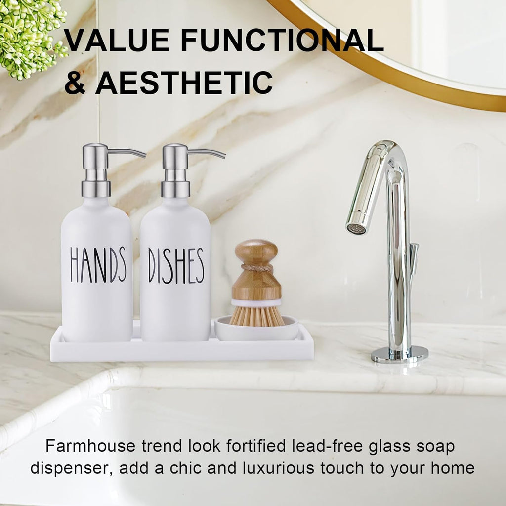 Glass Soap Dispenser for Kitchen,Farmhouse Kitchen Dish Hand Soap Dispenser Set,Rustproof Pump Soap