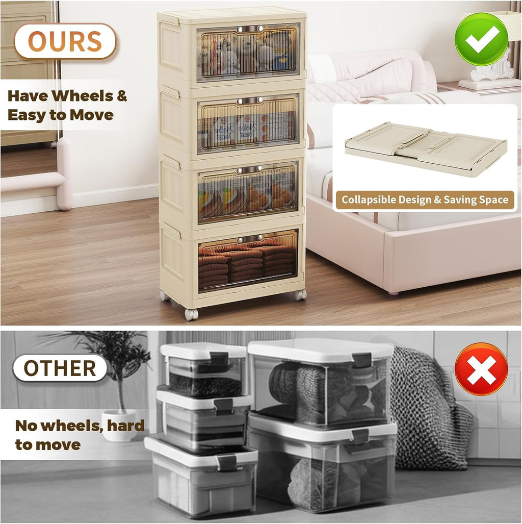 4 Tier - 34QT Storage Bins with Lids, Collapsible Storage Bins with Doors and Wheels, Plastic