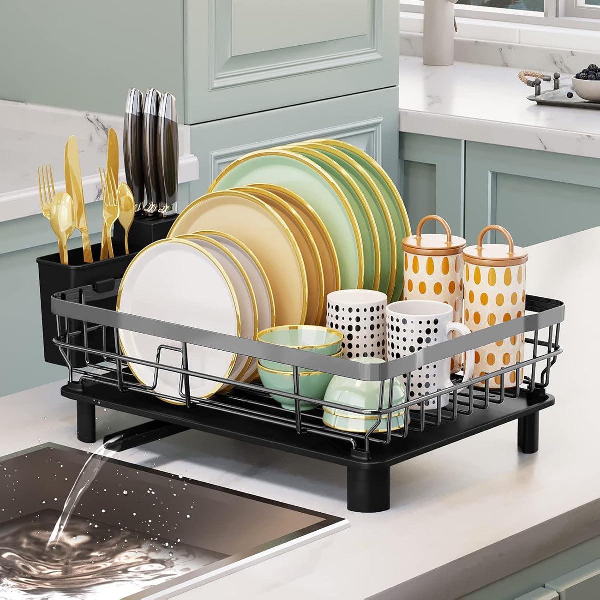 Iron Dish Drying Rack with Drainboard Dish Drainers for Kitchen Counter Extendable Spout Strainers