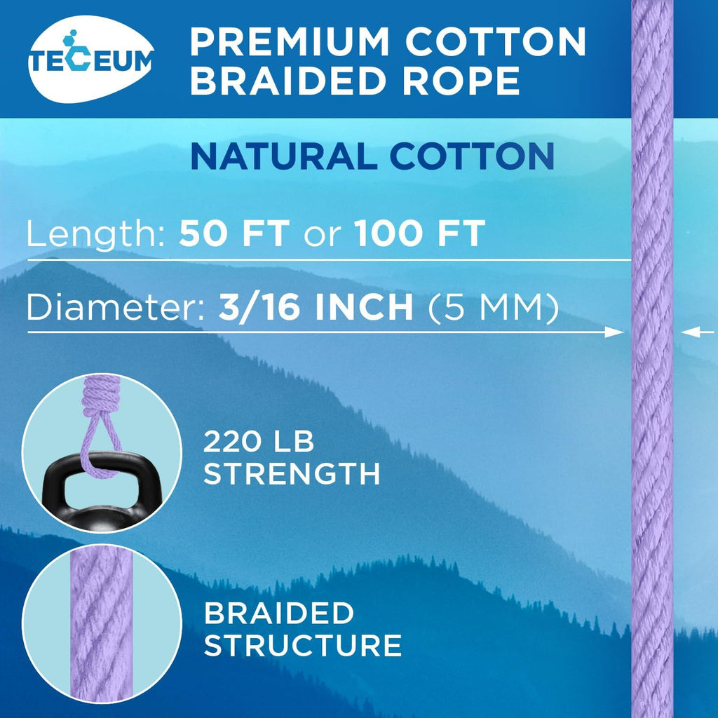 TECEUM Cotton Rope 3/16” (5 mm) – 50 FT – Strong All-Purpose Braided Rope – Natural Cotton – for