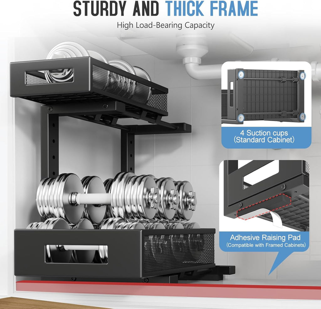 1 Pack-11.4"-16.14"H Under Sink Storage Organizer, Large 2-Tier Elegant Mesh Pull Out Shelf for