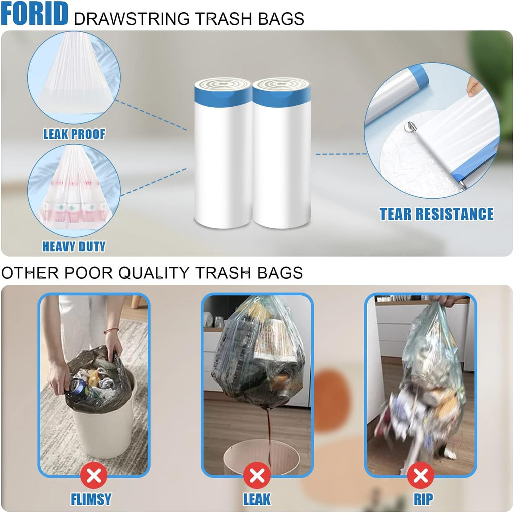 FORID Mini Drawstring Trash Bags - 2 Gallon Small Bathroom Garbage Bags White Plastic Trash Can