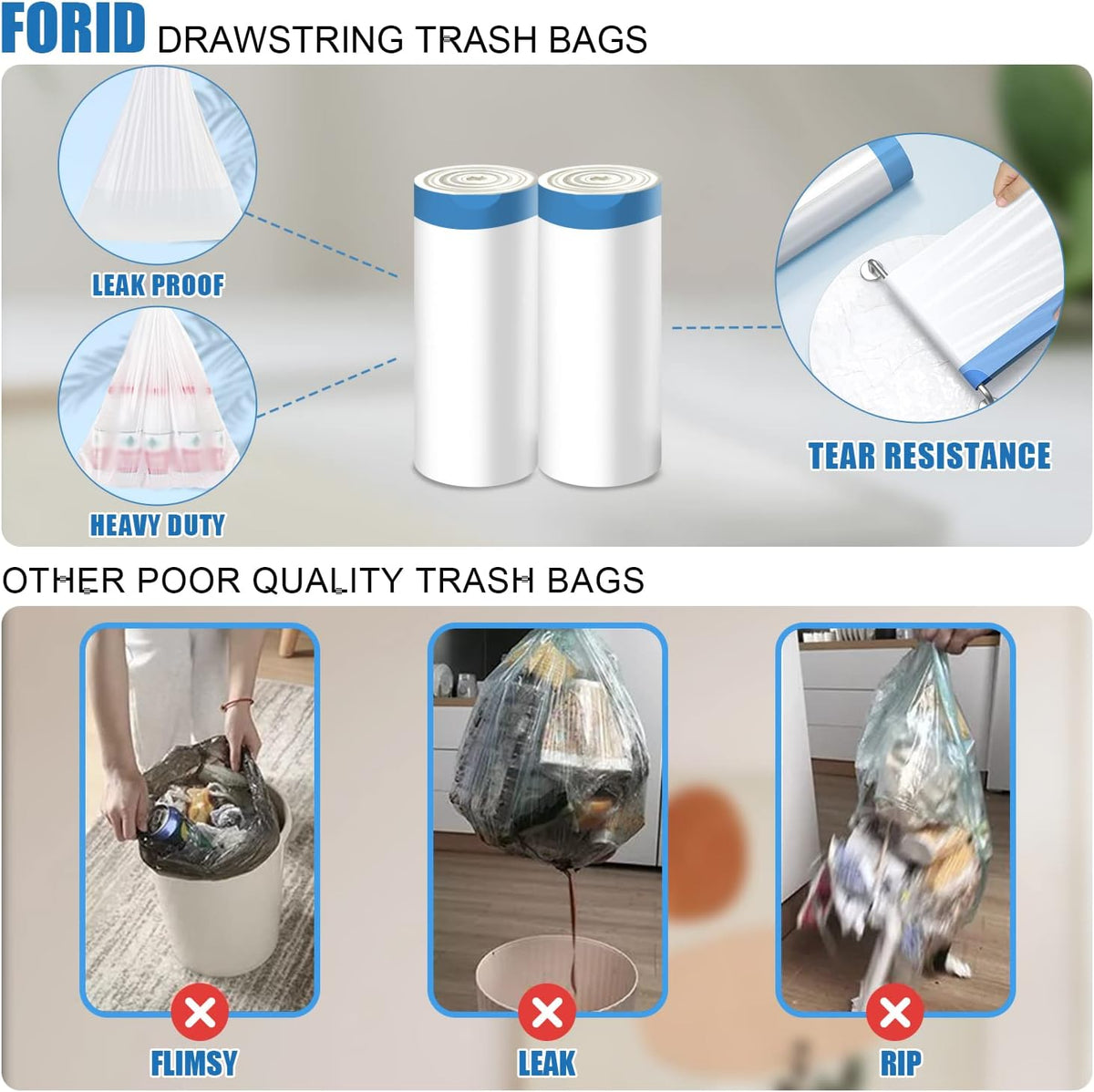 FORID Mini Drawstring Trash Bags - 2 Gallon Small Bathroom Garbage Bags White Plastic Trash Can