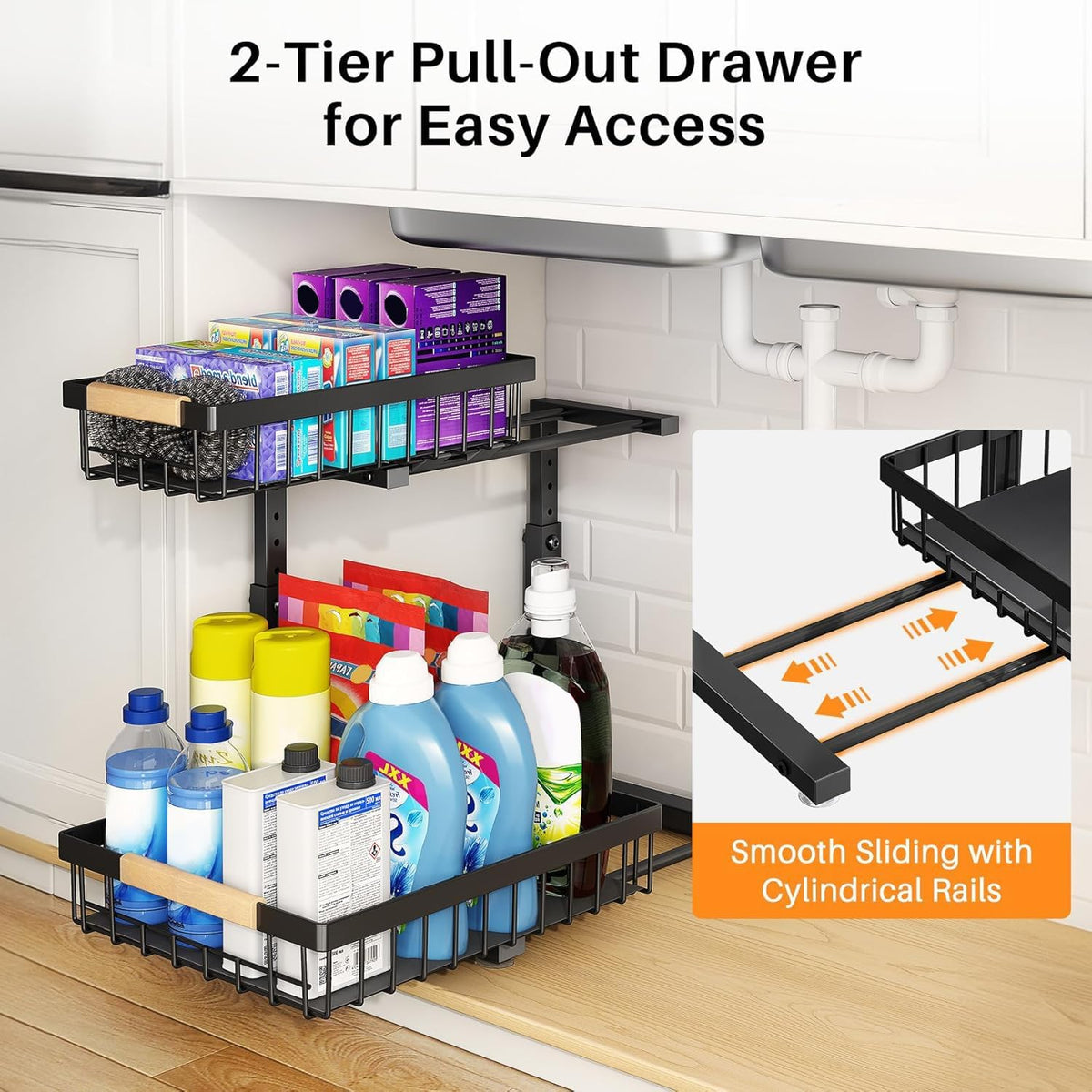 PXRACK 2 PACK Under Sink Organizer,Adjustable Height,2 Tier Pull Out Under Cabinet