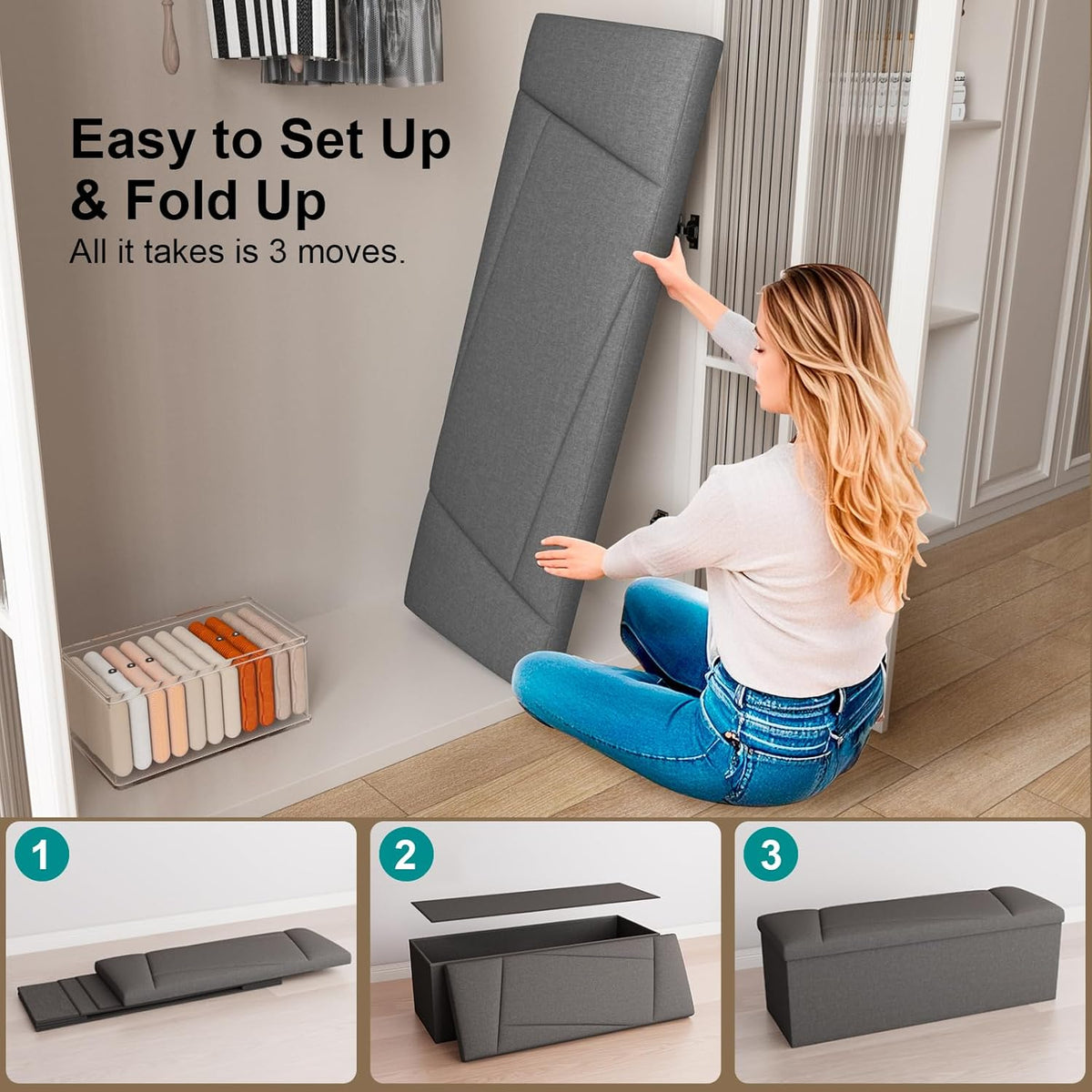Ottoman with Storage, 43 Inches Folding Storage Ottoman Bench for Bedroom, End of Bed Bench