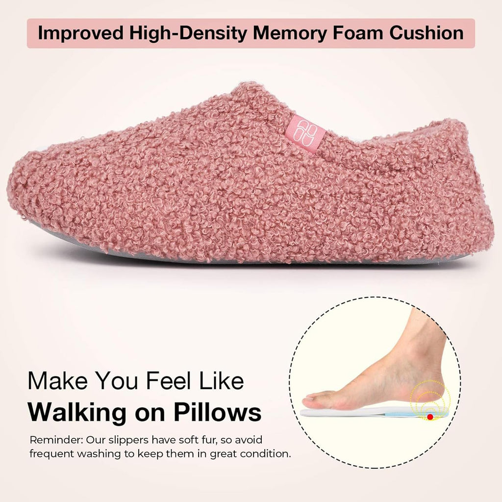 HomeTop Women's Fuzzy Curly Fur Memory Foam Loafer Slippers with Polar Fleece Lining