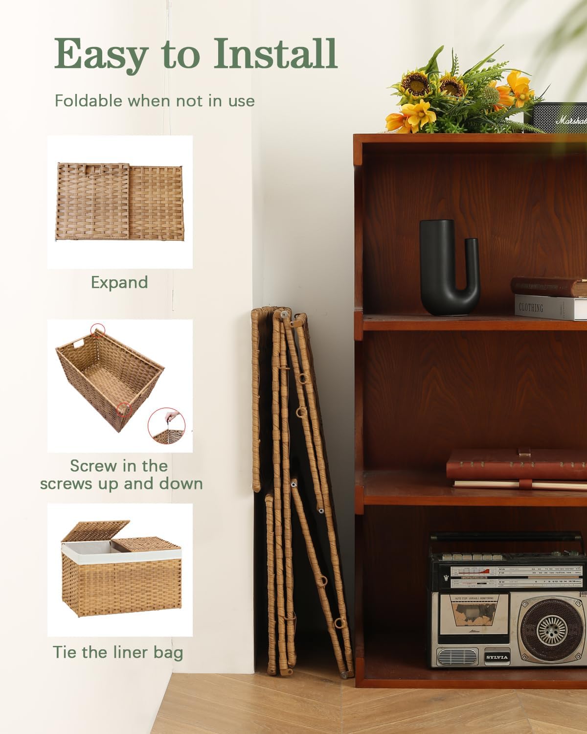 Storage Basket with Lid Rattan Woven Storage Baskets with 2 Separate Lids, 17.2 Gallon (65 L), 22 x