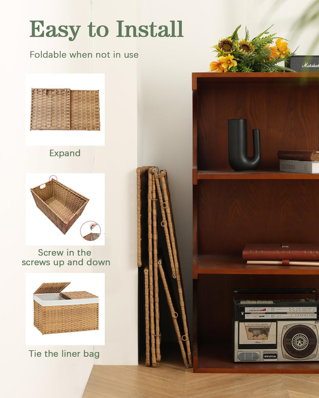 Storage Basket with Lid Wicker Baskets for Storage with 2 Separate Lid 42.3 Gallon (160 L) 29.9 x