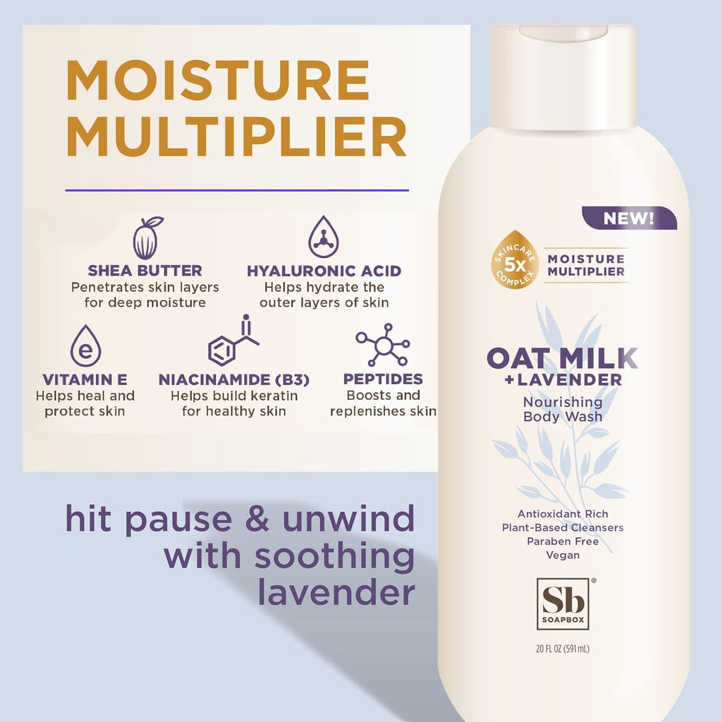 Soapbox Body Wash, Oat Milk + Lavender Body Wash, Vegan & Moisturizing, Calming with Shea Butter, 3