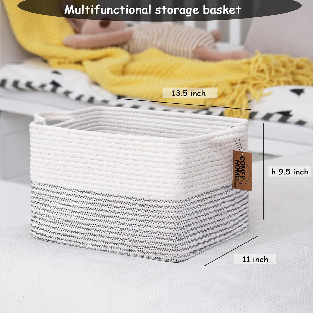 COMFY-HOMI 3 Pack Cotton Rope Square Basket with Handles - Storage & Organizer (White/Black Line