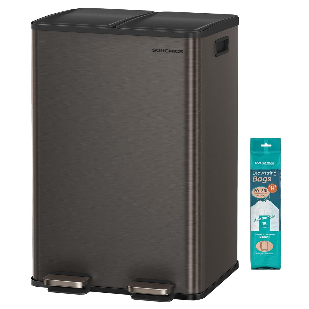 SONGMICS Trash Can, 2 x 8 Gallon (2 x 30 L) Dual-Compartment Garbage Can with Soft-Close Lid, Pedal