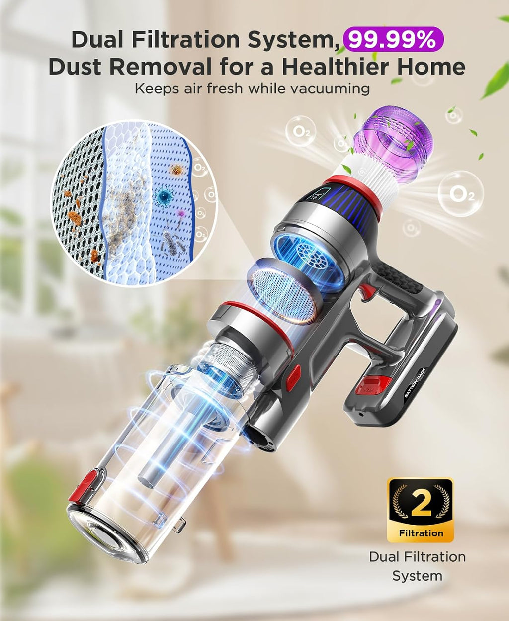 Cordless Stick Vacuum Cleaner - 550W Powerful Cordless Vacuum with HEPA Filter, Up to 50min Runtime