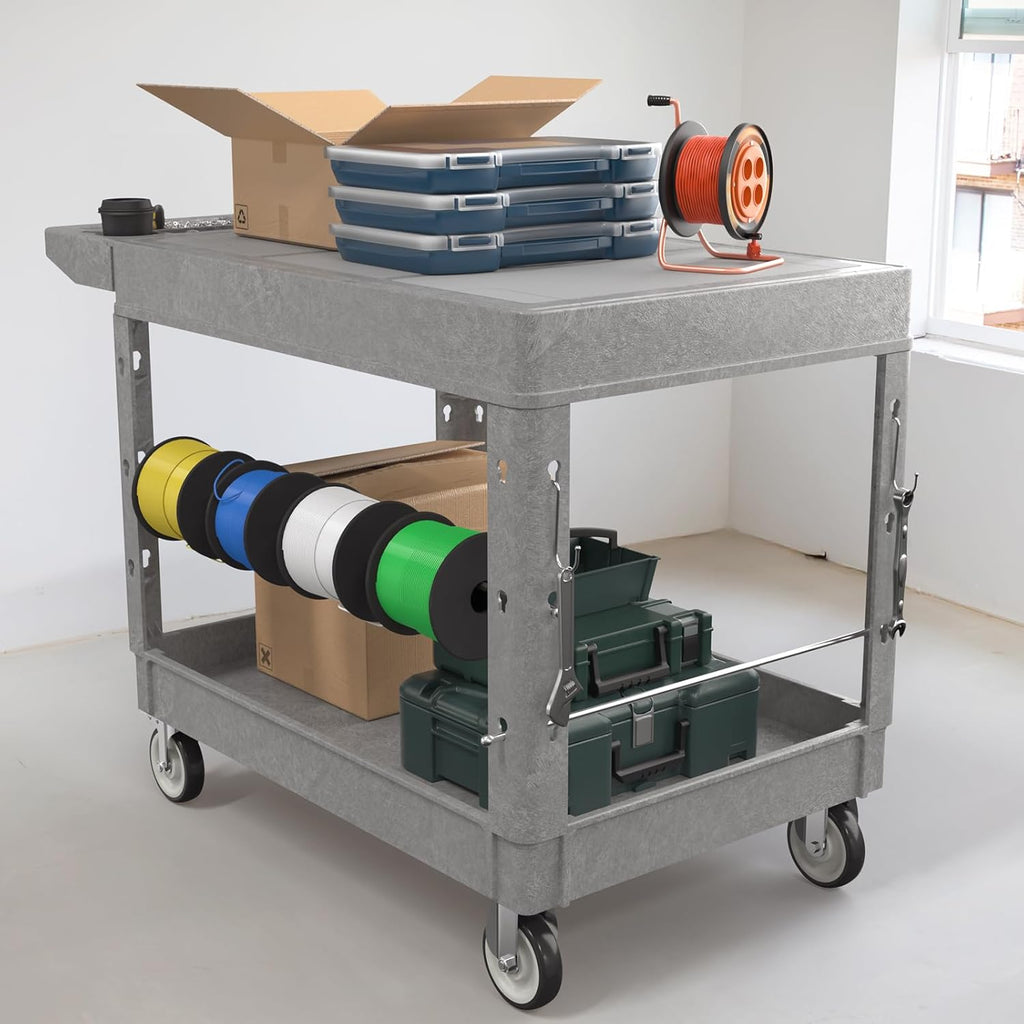 Large Garage Flat Top Utility Cart, Heavy Duty 2 Shelf Tool Cart Service Cart Rolling Push Carts