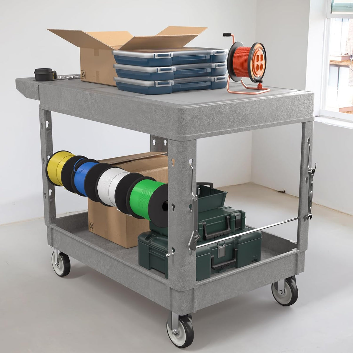 Heavy Duty Flat Top Utility Cart with Wheels 2-Tier Utility Plastic Service Work Cart for Shop
