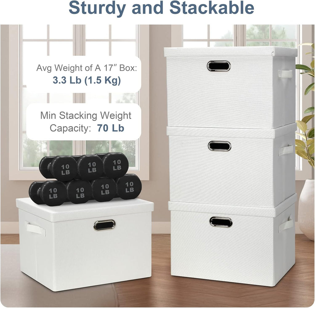 Large 17" 36 Quart Collapsible Stackable Storage Bins with Lids, 1 Pack White Foldable Fabric