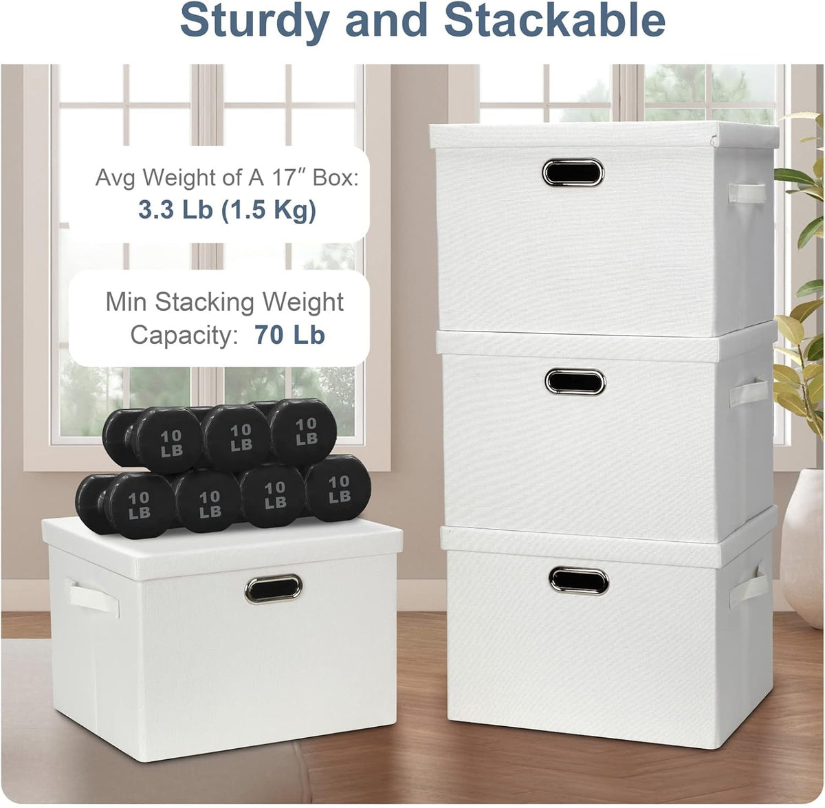 Large 17" 36 Quart Collapsible Stackable Storage Bins with Lids, 3 Packs White Linen Fabric Closet