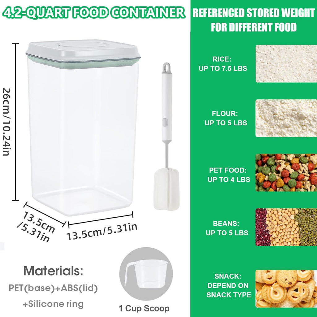 Airtight Flour Rice Storage Container with Pop-up Lid - 4.2 Qt Crystal-Clear Plastic Spaghetti