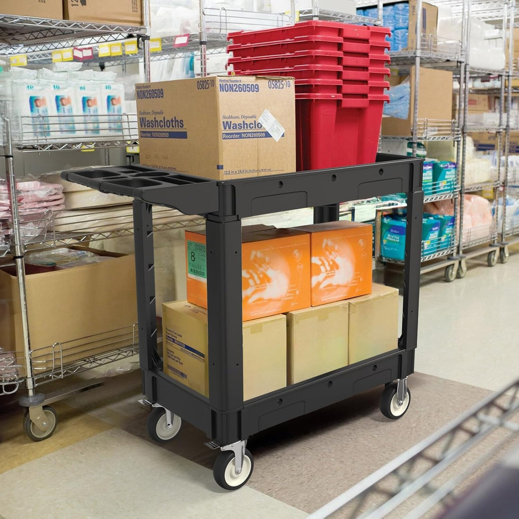 2 Shelf Heavy Duty Plastic Utility Cart, Service Cart Tub Storage W/Deep Shelve Holds up to 1000