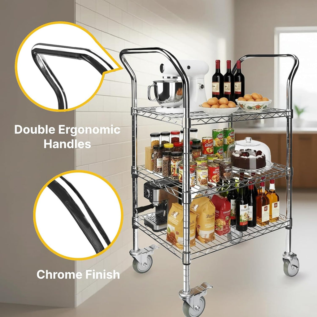 Northsky 3-Shelf Wire Utility Cart on Wheels, Chrome Finish Rolling Metal Shelving with Wheels