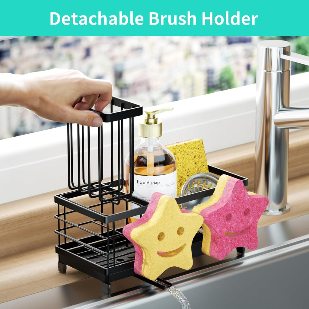 HapiRm Sink Caddy Sponge Holder - Self-draining Kitchen Sink Organizer with Smiley Face and Brush