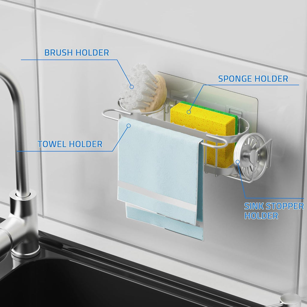 Cisily Grey Kitchen Sink Caddy Sponge Holder in the Sink, Stainless Steel Kitchen Organizer, Brush