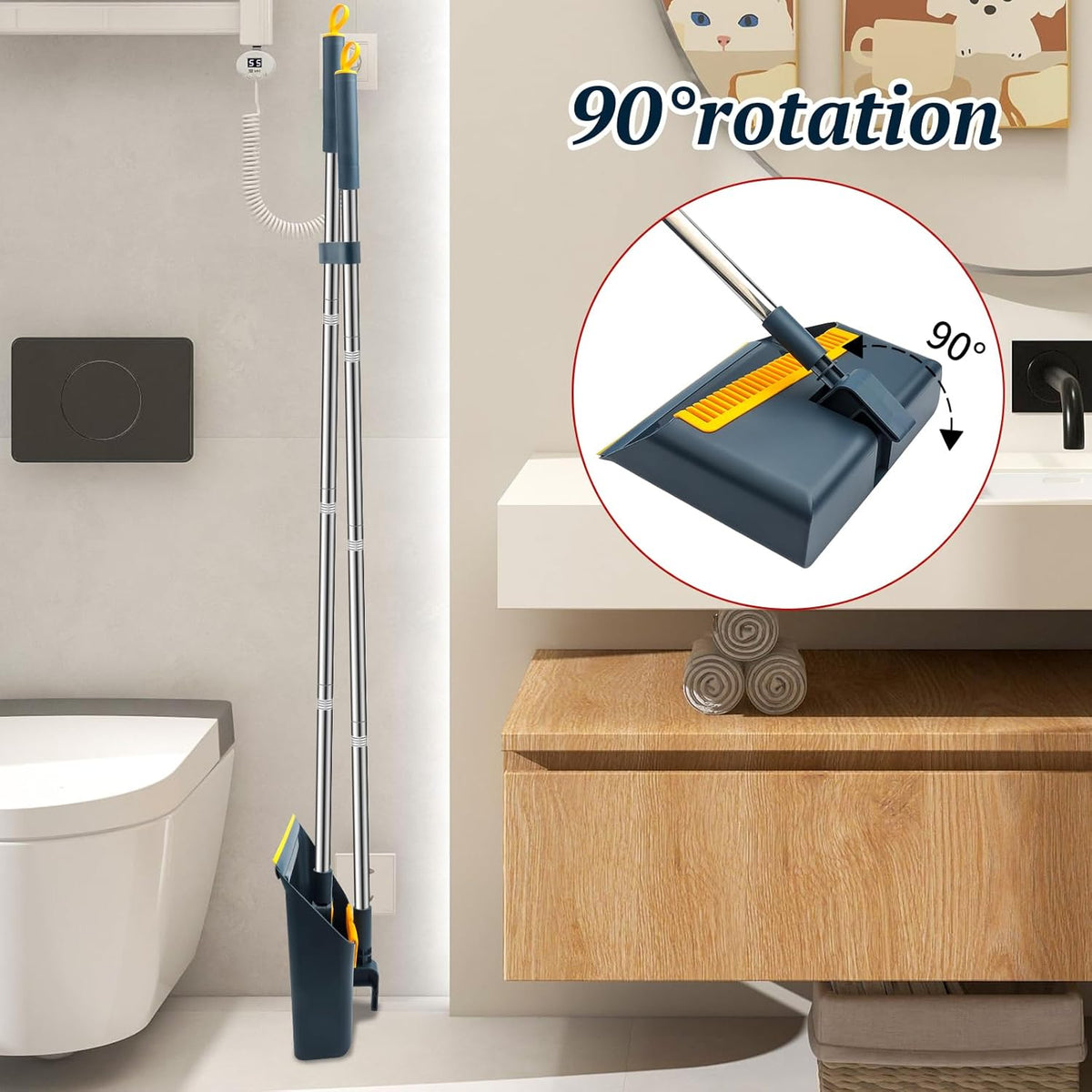 Long-Handled Broom and Dustpan Set, Windproof Broom Combination, 180-degree Rotating Brush Head