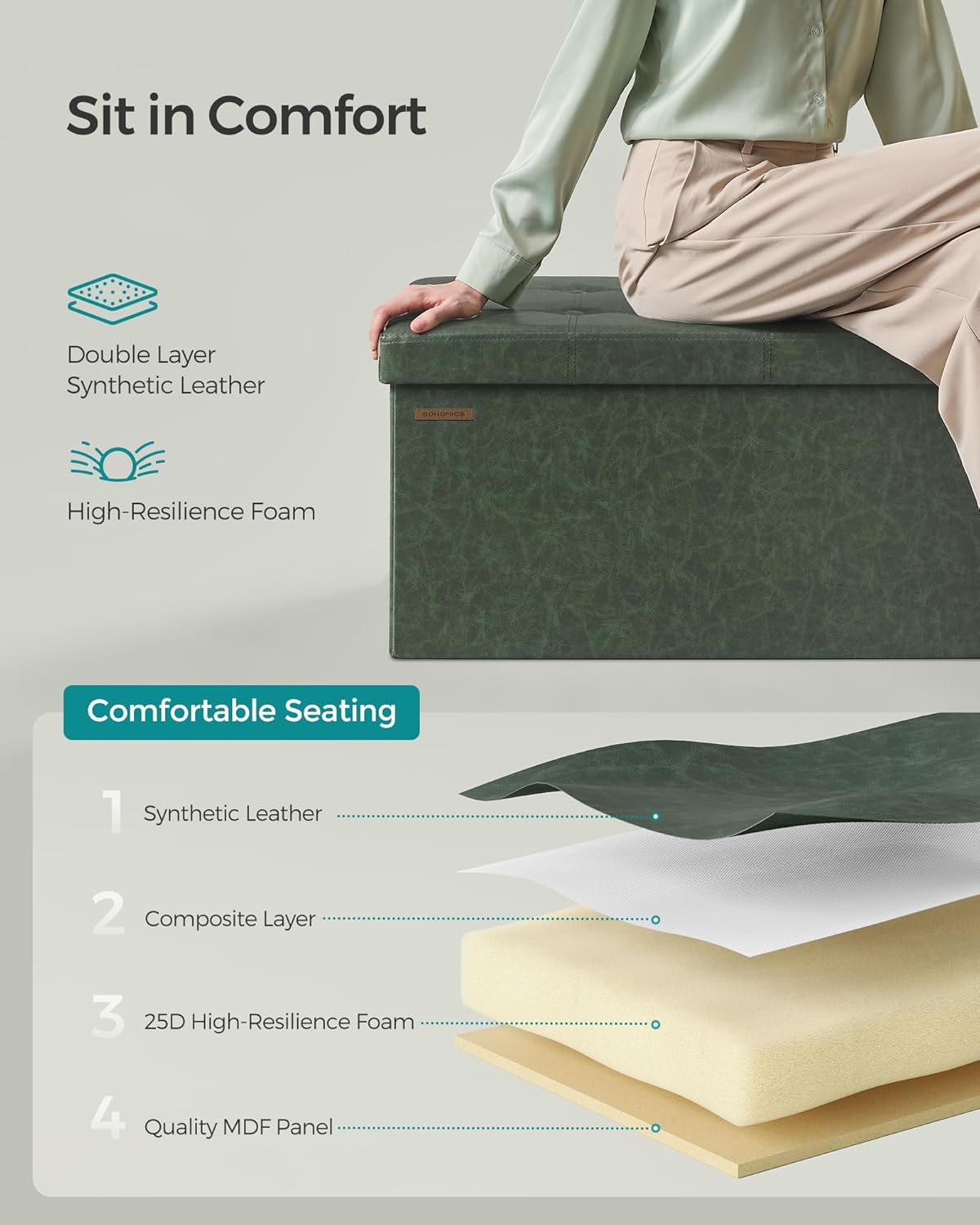 SONGMICS Mazie Collection - 30 Inches Folding Storage Ottoman Bench, Ottoman with Storage, Foot